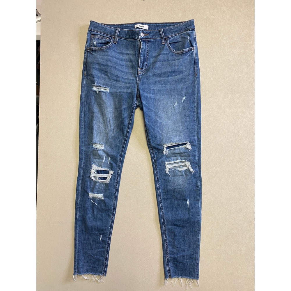 Ceros Womens Distressed Skinny Jeans Blue Medium Wash Ripped Raw Hem Size 32
